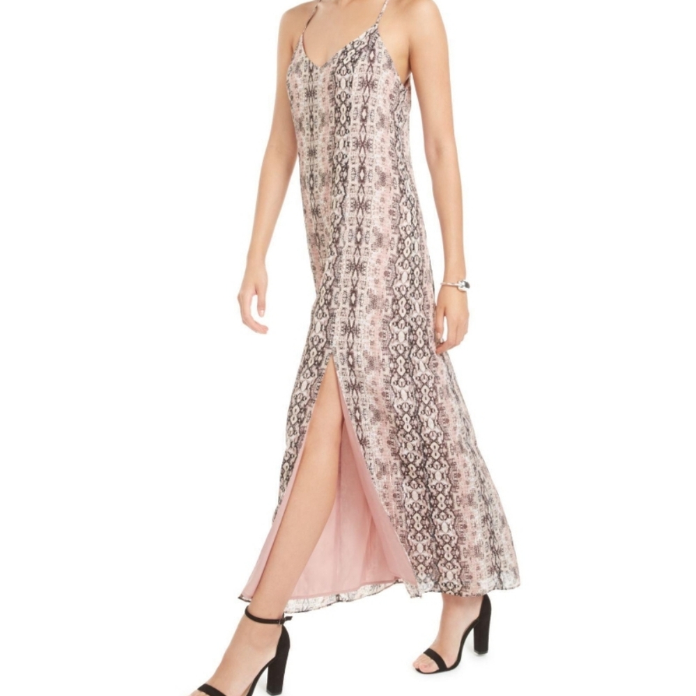 BAR III Womens Pink Printed Spaghetti Strap V Neck Maxi Shift Dress,Size 10